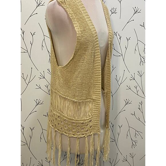 UMGEE Tan Crochet Knit Fringe Open Front Tassel Vest SMALL Boho Hippie Bohemian - Picture 3 of 7